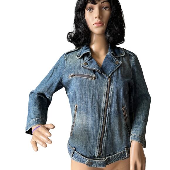 Vintage Y2K Current Elliott The Biker Jacket blue denim Motoside zipper size 6 - Picture 1 of 16